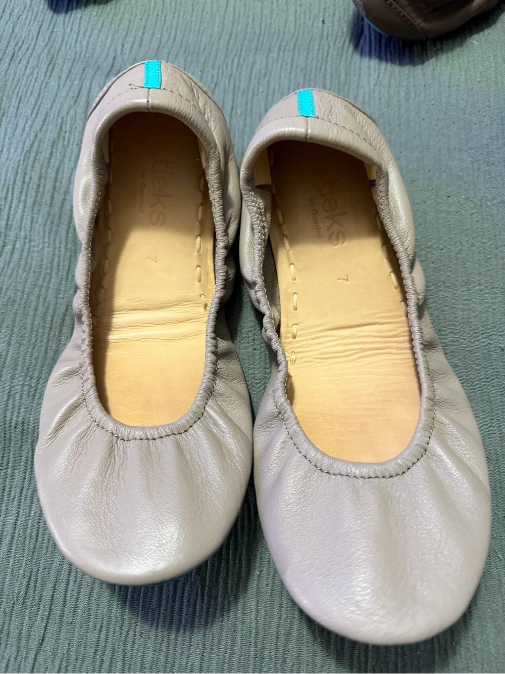 Tieks Leather Ballet Flats in taupe with Teal Heel Tab